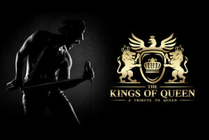 A tribute to Queen featuring a silhouette of a performer with a microphone and the "Kings of Queen".