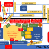 California Strawberry Festival event area with parking, buses, and festival grounds in Santa Barbara.
